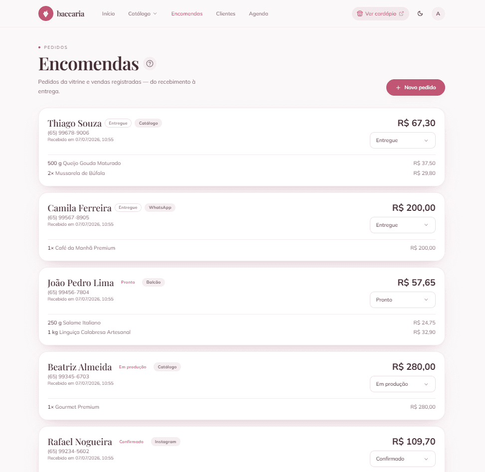 Lista de encomendas organizadas por status no painel da Baccaria
