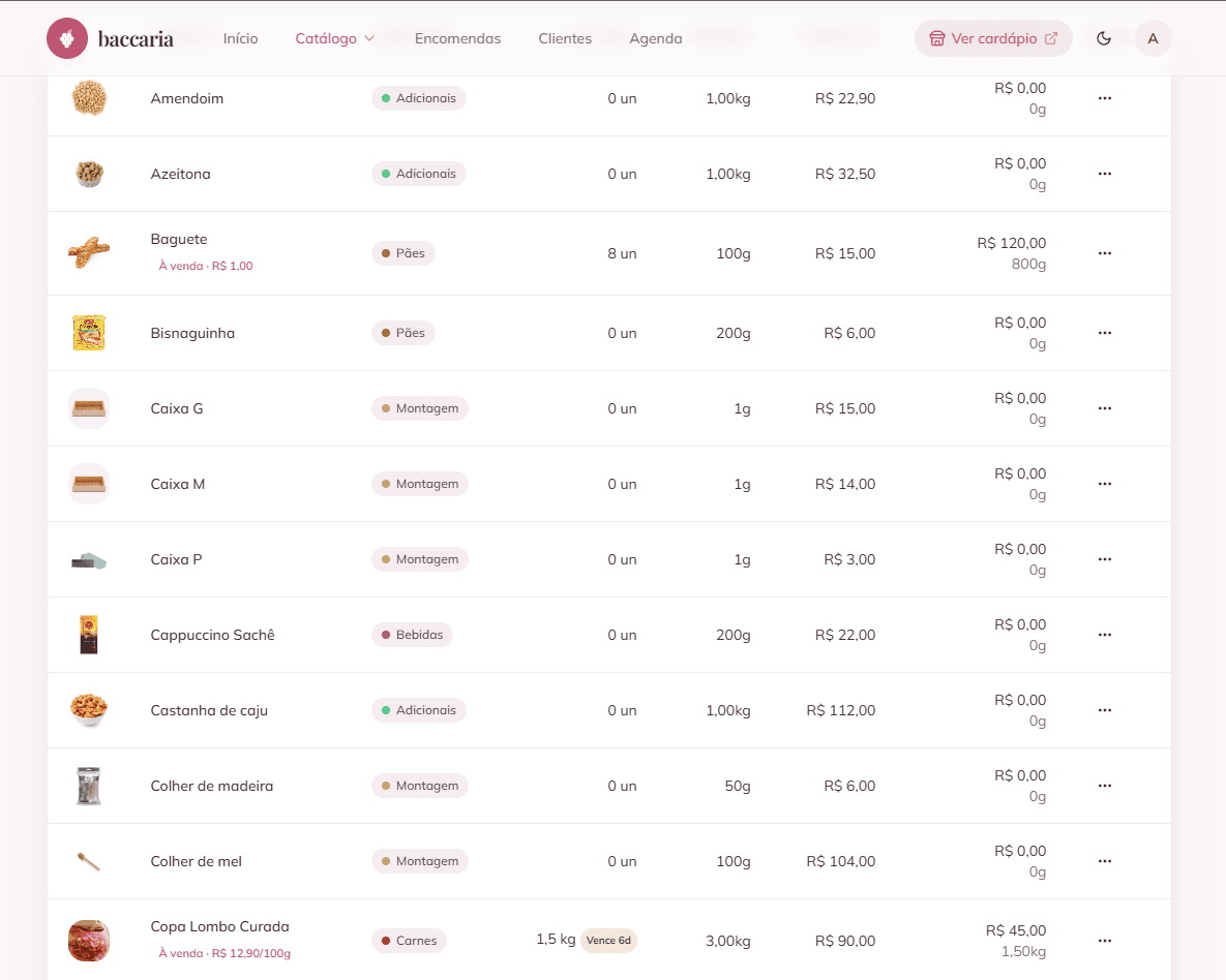 Lista de produtos no painel da Baccaria, com peso, validade e preço